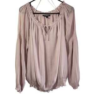 Express Smocked Peasant Blouse Dusty Rose Mauve Tie Front Top Womens Medium